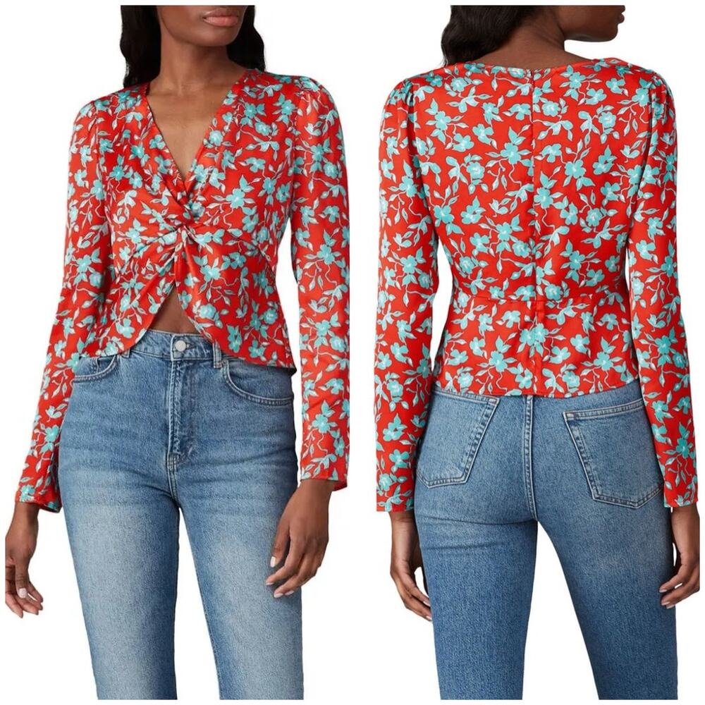 NWT Love, Whit by Whitney Port Red Floral Satin Crop Top Size Medium Long Sleeve
